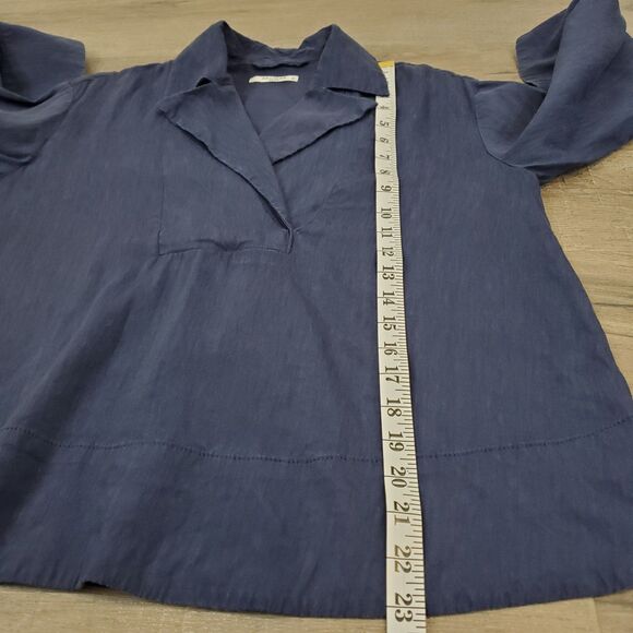 MM.Lafleur Linen Blend Collared Top XS Blue Stretch 3/4 Sleeve Nautical Preppy - Picture 6 of 10